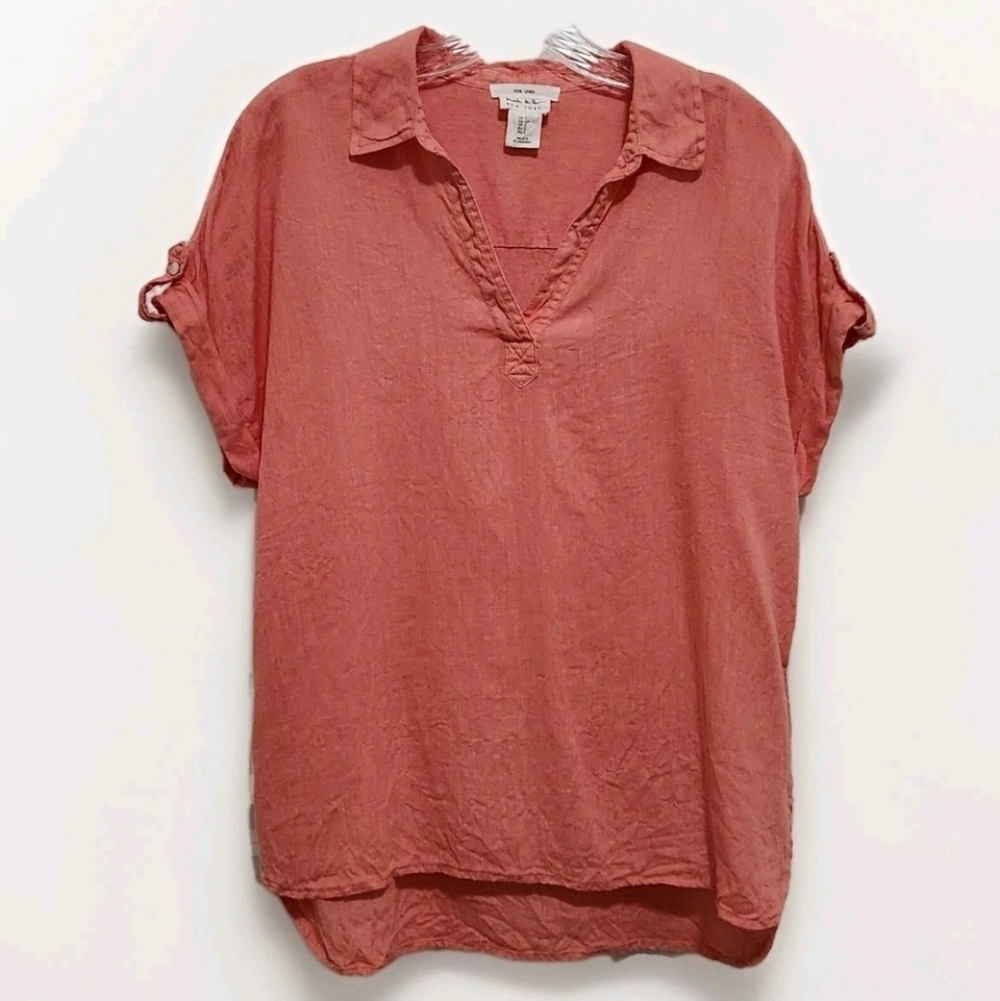 Nicole Miller 100% Linen Dark Peach V-Neck Cuffed Sleeve Popover Top Women's S